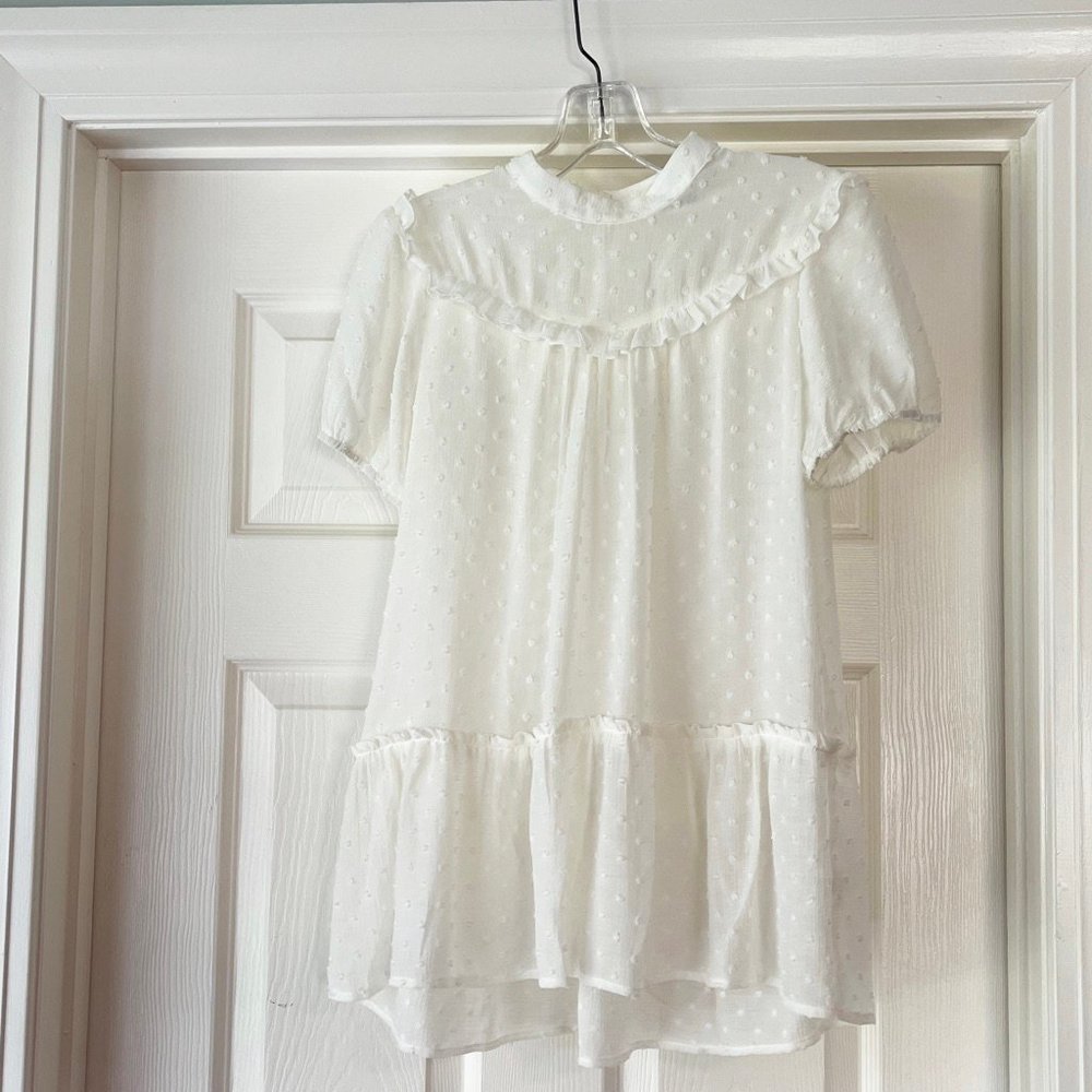 Anthro ivory sheer swiss dot ruffle hem blouse, XS